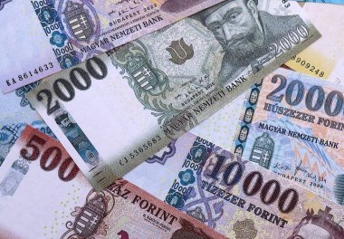 Macar sahte para banknotları masaya yığıldı. HUF 'un Macaristan banknotları yakın plan. Macaristan 'da iş, ekonomi ve yatırım kavramı.