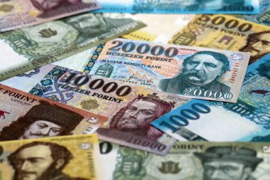 Macar sahte para banknotları masaya yığıldı. HUF 'un Macaristan banknotları yakın plan. Macaristan 'da iş, ekonomi ve yatırım kavramı.