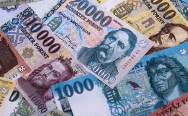 Macar sahte para banknotları masaya yığıldı. HUF 'un Macaristan banknotları yakın plan. Macaristan 'da iş, ekonomi ve yatırım kavramı.