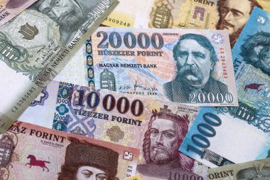 Macar sahte para banknotları masaya yığıldı. HUF 'un Macaristan banknotları yakın plan. Macaristan 'da iş, ekonomi ve yatırım kavramı.