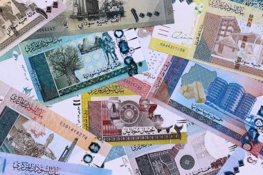 Sudan 'ın para faturaları masaya yığıldı. SDG para biriminin Sudan banknotları yakın plan. İş kavramı, Sudan 'da ekonomi yatırımı.