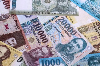 Macar sahte para banknotları masaya yığıldı. HUF 'un Macaristan banknotları yakın plan. Macaristan 'da iş, ekonomi ve yatırım kavramı.