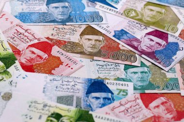 Pakistan Rupisi 'nin para faturaları masaya yığıldı. Pakistan 'ın PKR para birimi banknotları yakında. Pakistan 'da iş, ekonomi ve yatırım kavramı.