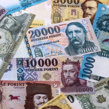 Macar sahte para banknotları masaya yığıldı. HUF 'un Macaristan banknotları yakın plan. Macaristan 'da iş, ekonomi ve yatırım kavramı.