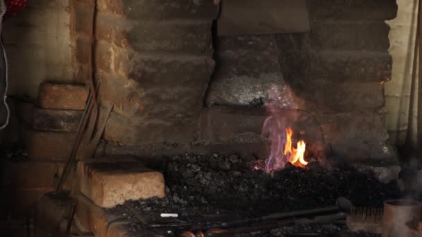 Close Hot Flames Slow Motion Bellows Pumped Forge — Stock Video