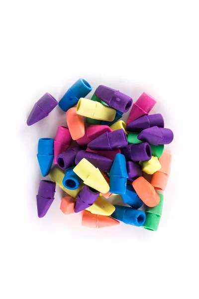 Stapel Veelkleurige Rubberen Potlood Topper Gummen Geel Blauw Paars Roze — Stockfoto