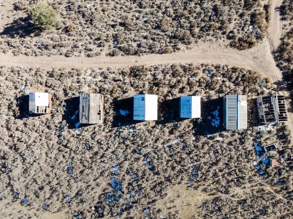 Drone Arriba Hacia Abajo Vista Cabañas Abandonadas Pueblo Fantasma Las —  Fotos de Stock