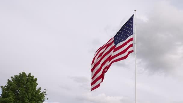 Огромный Американский Флаг Развевающийся Над Облаками Замедленной Съемке Возле Зеленого — стоковое видео
