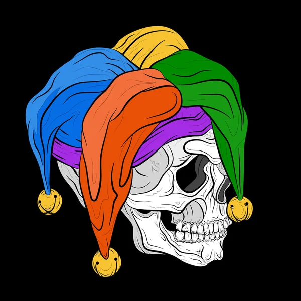 Cráneo humano en jester cap vector ilustración — Vector de stock
