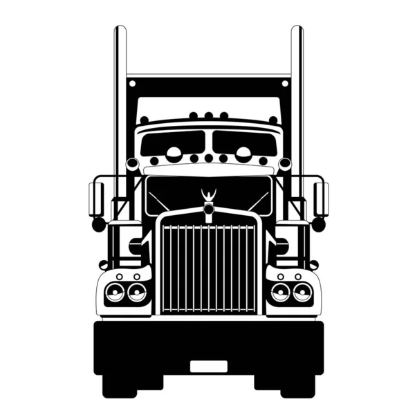 Semi Truck Vooraanzicht Platte Stijl Zwart Silhouet — Stockvector