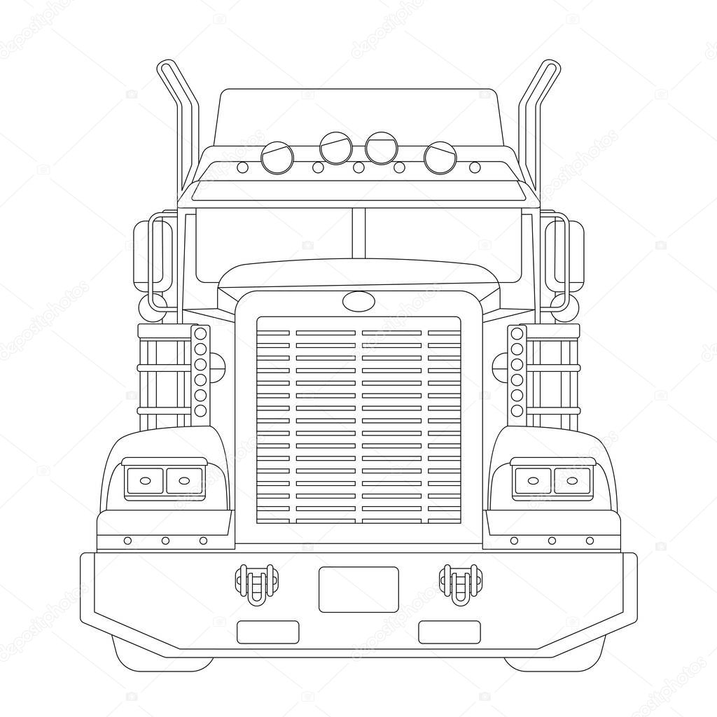 semi truck, front view, vector illustration, black lining, coloring