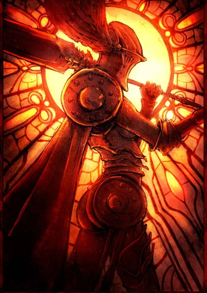 A female knight in plate armor, wearing a helmet with wings, and a huge heavy sword on her shoulder, stands against the background of a round stained-glass window. 2D illustration.