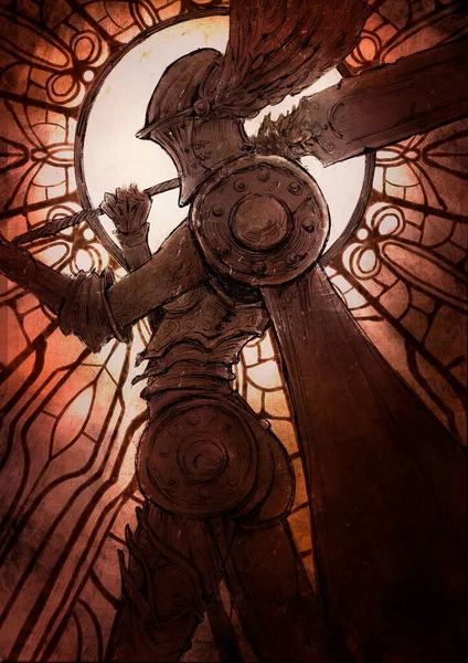 A female knight in plate armor, wearing a helmet with wings, and a huge heavy sword on her shoulder, stands against the background of a round stained-glass window. 2D illustration.