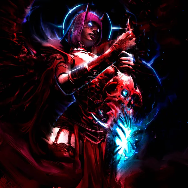 A beautiful girl demoness with a sinister devil sword proudly stands with her wings spread, a blue flame bursts out of the sword, her eyes glow with blue fire. 2D illustration