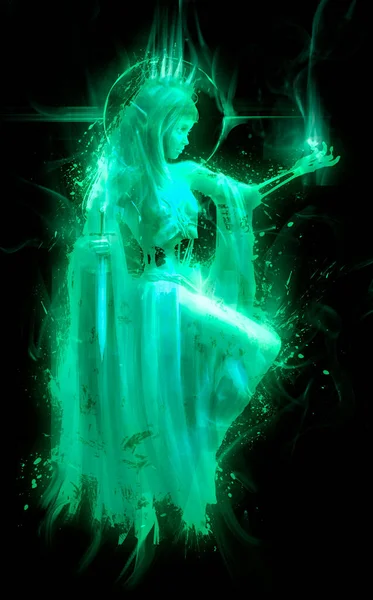 A ghost girl in a torn dress, glows with a mystical green light, in places her bones shine through, she holds a dagger with one hand and looks at a butterfly on the other. 2D illustration.