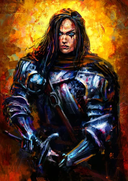 A beautiful female knight in plate armor with a sword at the ready, she has a pleasant face, blue eyes, she is wounded, blood flows on her face and armor, on a Golden abstract background. 2D illustra