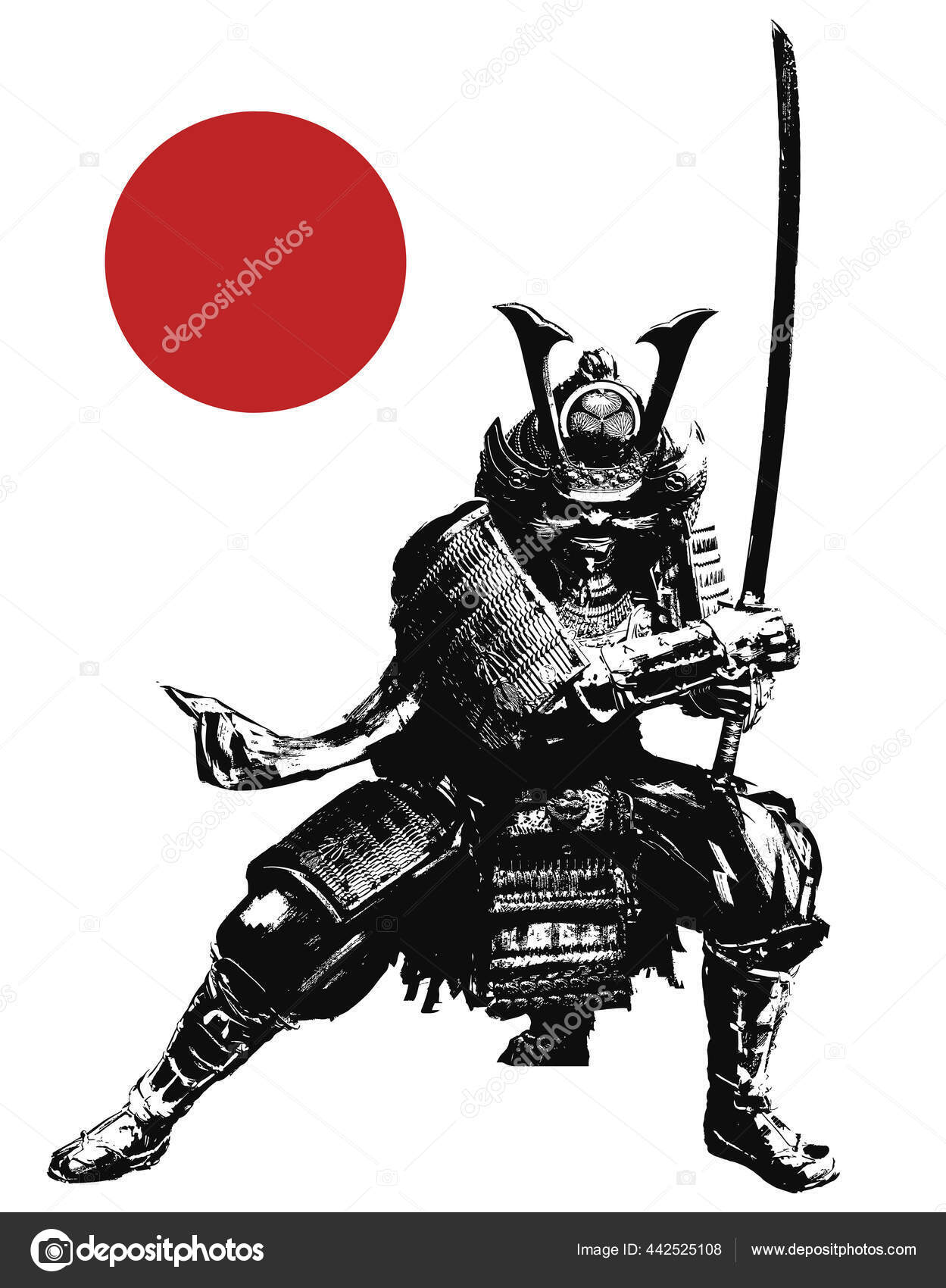 Black Silhouette Samurai Katana His Hands Red Sun Crouched Low Stock Vector Image By C Warmtail