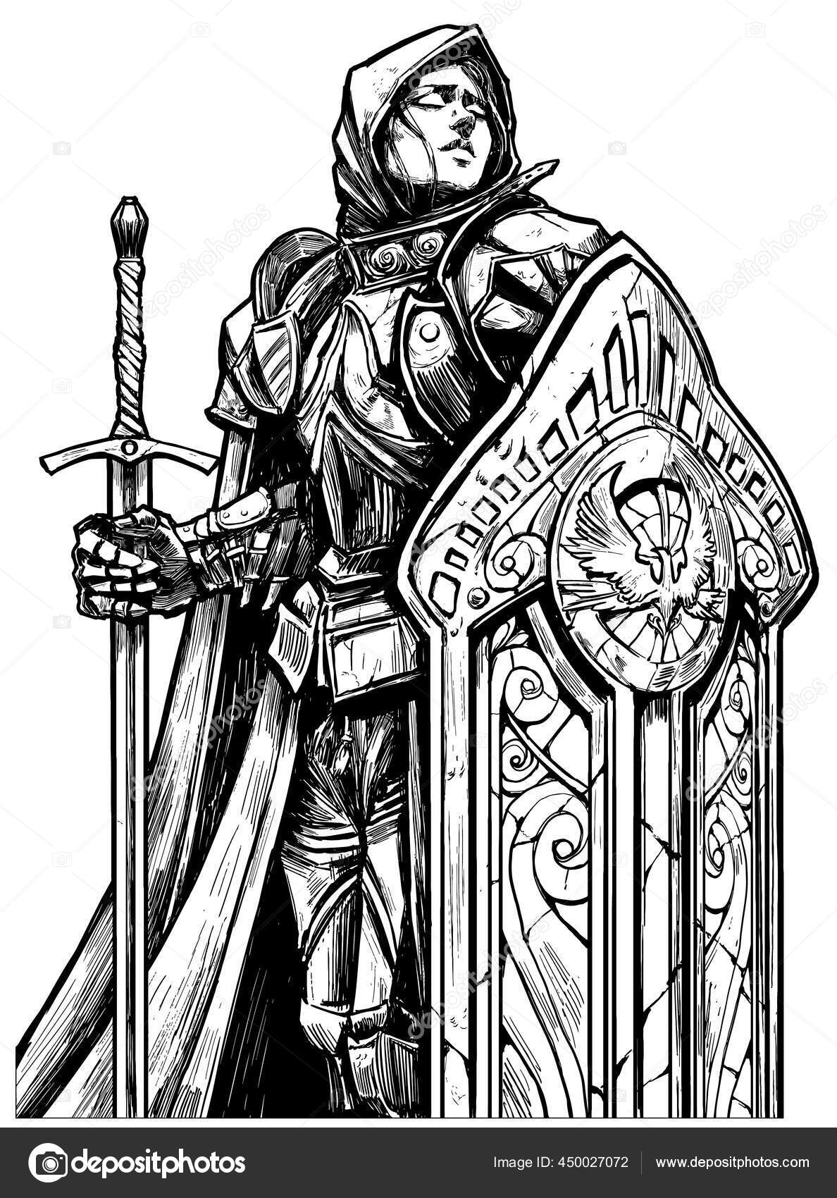 Girl Knight Heavy Armor Huge Tower Shield Sword Peacefully Catches