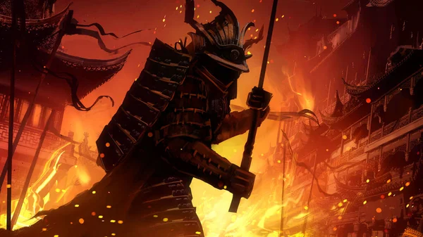 demonic samurai with a katana at the ready, in full armor, wearing a helmet, standing in a combat stance against the background of a burning eastern city. There are embers everywhere