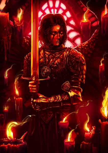 A sinister black angel woman with a huge sword in her hands, stands in the middle of a Gothic cathedral with bloody lighting. 2d  illustratio