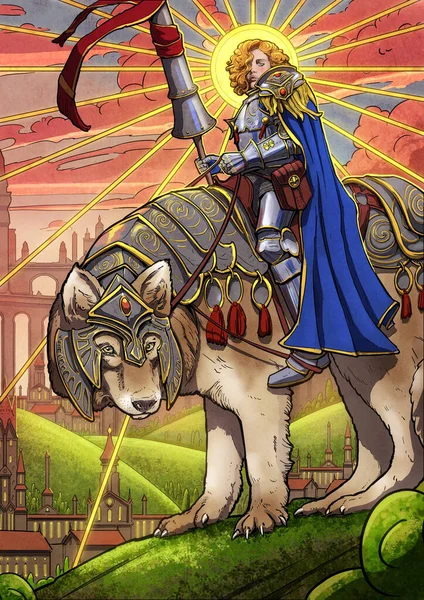 A beautiful female knight with a huge lance and curly hair sits astride a huge armored wolf, which looks curiously at the viewer. The background of a beautiful fantasy kingdom. 2d illustration