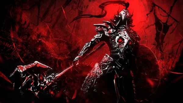 A demonic knight in sinister plate armor and helmet, stands in a dynamic perspective holding a shield and a huge axe with the head of a devil. Beyond it is a bloody battlefield littered with corpses.