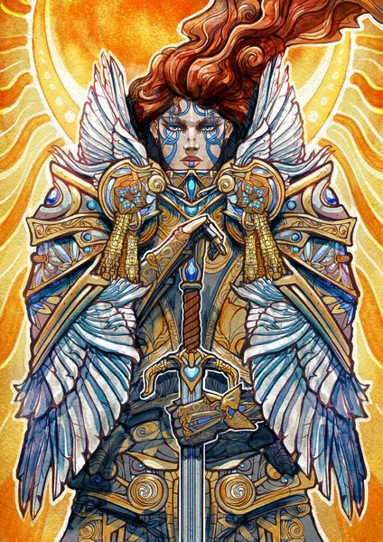 A majestic valkyrie in beautiful hammered armor with many patterns and ornaments, proudly leaning on her crystal sword, she has red hair, behind her is the golden sun and moon. 2d watercolor