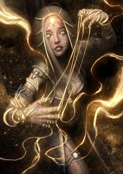 A beautiful oracle girl with golden eyes weaves the luminous threads of people's destinies with her thin fingers, she wears a lot of jewelry, she looks into infinity seeing the truth and fate.