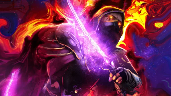 A dexterous assassin in a dynamic pose with ethereal daggers uses demonic portals from black magic to move around the battlefield, his face is masked and hooded, his eyes are burning with hellfire 2d