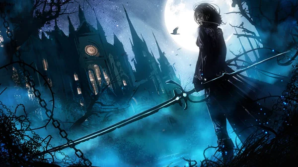 A beautiful vampire hunter girl in a leather suit with a long magic saber stands at the entrance to a huge Gothic sabor, it\'s night and fog outside, a bright full moon illuminates the estate. 2d art
