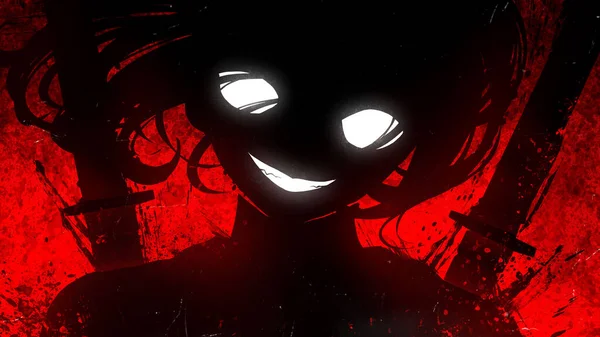 A sinister girl in the anime style smiles maliciously with fanged white teeth, her huge eyes glow in the dark, she has two katanas behind her back, on a blood-red background with many spots and blots