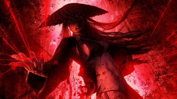 A sinister vampire woman in a straw hat is standing in the middle of the temple in a sinister pose, blood splashes are flying around, she is a sexy witch holding red threads in her crooked fingers. 3d