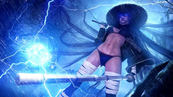 A sinister sexy witch woman in a Japanese straw hat stands in a dynamic pose in the middle of a storm with two wooden swords in her hands, a bright ball lightning hovers at the end of her weapon. 3d