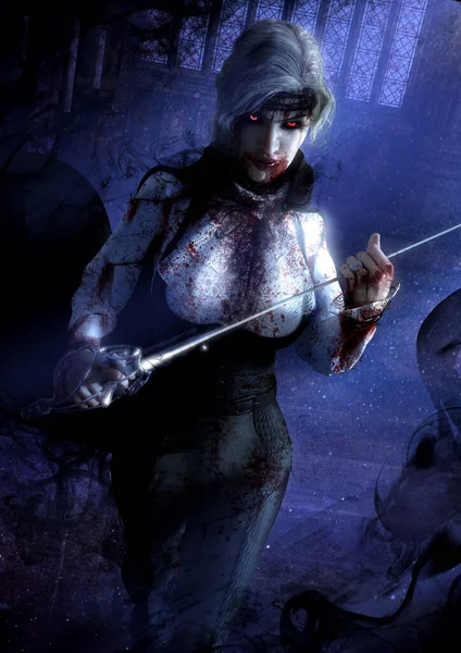 A sinister vampire woman with her face and white shirt smeared with blood ominously approaches with a rapier in her hand, her eyes glow red in a dark Gothic sabor, a thorn on her head. 3d illustration