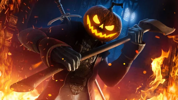 A sinister monster with a pumpkin head smiles ominously standing in a dynamic perspective with an axe in his dead hands, his eyes burning with fire, against the background of a full moon. 3d rendering