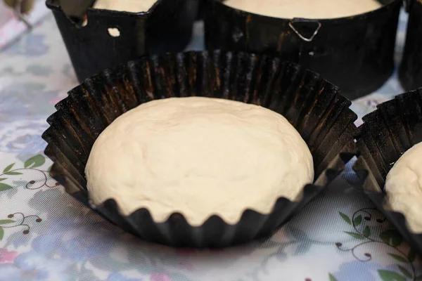 Çiğ ekmek hamuru pişirmeden önce metal bir fırın kalıbının içinde yükseliyor. Ev yapımı ekmek hazırlama, zanaatkar pişirme süreci ve geleneksel gıda konsepti.