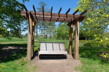 Yeşil parktaki bir pergola altında asılı boş ahşap salıncak. Mavi gökyüzü ve bahar doğası ile açık hava rahatlama kavramı.