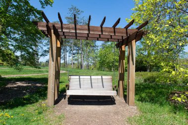Güneşli bir günde yeşil bir parkta pergola 'nın altında sallanan ahşap salıncak bankı. Mavi gökyüzü ile huzurlu bir açık hava rahatlama arkaplanı.