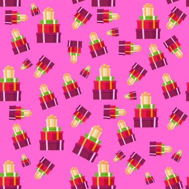 Hediye kutuları kusursuz desen. Kumaşa baskı yapmak ve hediye kutusunu kağıtla sarmak için bir hediye kutusu deseni. Vektör illüstrasyonu.