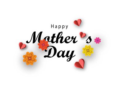 Anneler Günü metin tasarımı, kağıt kalpler ve bahar çiçekleri. Poster, tebrik kartı, afiş, web sitesi veya sosyal ağlar için şablon.