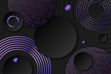 Mor kağıt katmanlı üç boyutlu bir arkaplan. Altın parıldayan elementlerle karbon dilimlenmiş şekillerin vektör geometrik çizimi. Grafik tasarım ögesi.