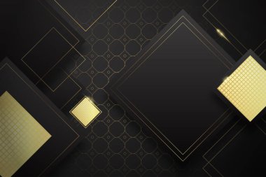 Siyah kağıt katmanlı üç boyutlu bir arkaplan. Altın parıldayan elementlerle karbon dilimlenmiş şekillerin vektör geometrik çizimi. Grafik tasarım ögesi.