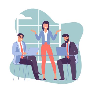 İki genç adam ve kadın iş görüşmelerine, müzakerelere, beyin fırtınalarına, birbirleriyle konuşmaya katılıyorlar. Web sitesi, lamding, mobil uygulama, poster ve afiş için düz tasarım vektörü kavramı.