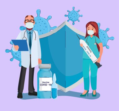 Doktor çift covid19 aşı ikonlarına sahip vektör çizimi tasarımı