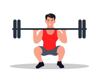 Yarı çömelmiş bir sporcu iki eliyle barı tutuyor. Güçlü bir ifadeye sahip bir halterci halteri kaldırmaya hazırlanır. Çizgi film tarzında vektör illüstrasyonu.