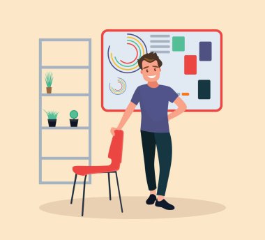 Proje sunumunun hazırlanması. Bir adam yeni bir proje hazırlıyor. Düz bir şekilde vektör illüstrasyonu.