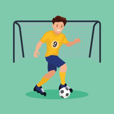 Futbolcu, topa vuruyor. Düz tasarımın vektör illüstrasyonu.