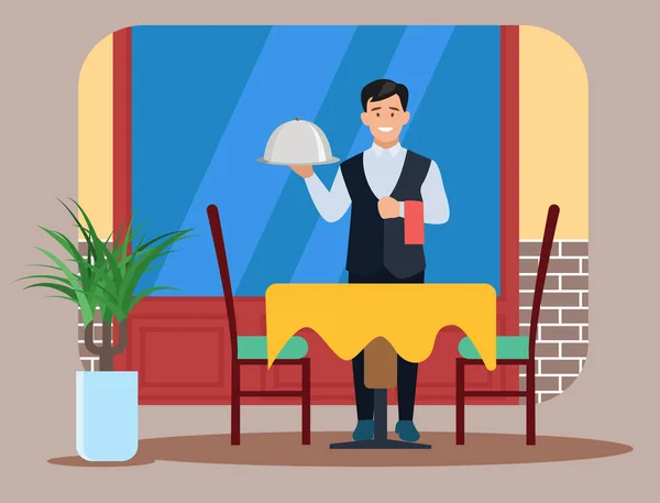 Camarero Con Una Bandeja Cubierta Café Ilustración Vectorial Estilo Diseño — Archivo Imágenes Vectoriales