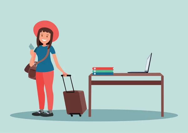 Eine Frau Mit Koffern Und Fahrkarten Glückliche Urlaubsreise Vektor Illustration — Stockvektor