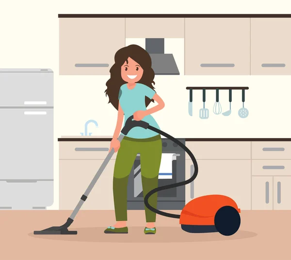 Woman Housewife Vacuuming Room Vector Illustration Flat Style — Stock Vector